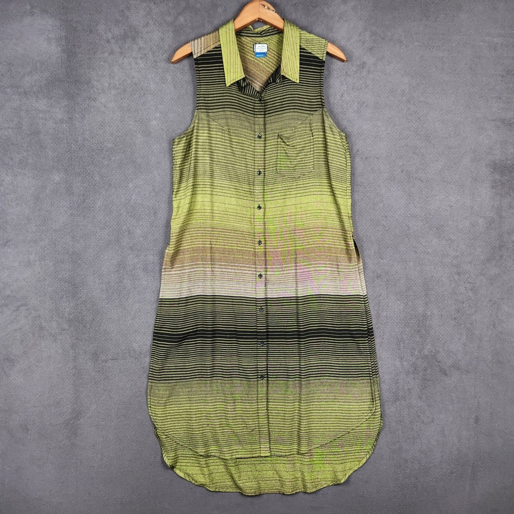Kavu Brighton Shirt Dress Womens Large Green Striped Sleeveless Button Front